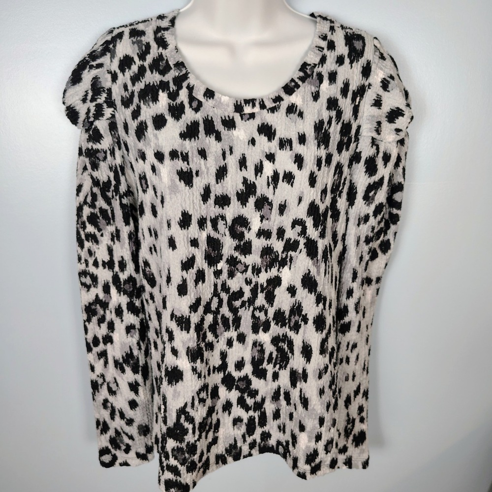 Loft Leopard Print Textured Knot Shoulder Blouse Black White Med safari Summer - Picture 3 of 13
